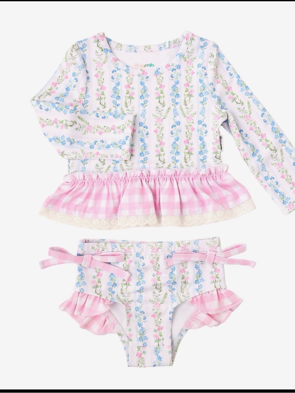 Girls Pink Floral Long-Sleeve Ruffle Bikini Set